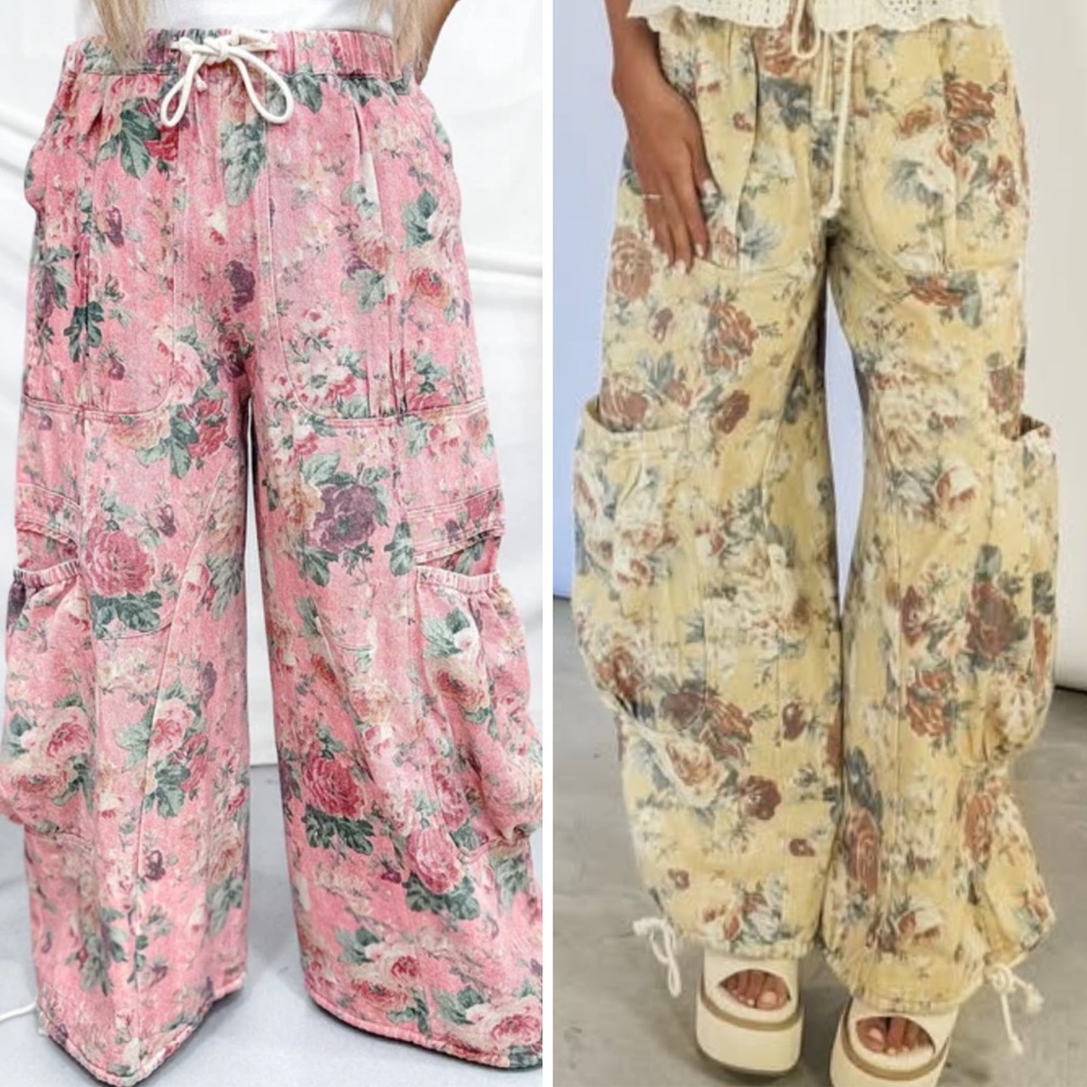 DAVI & DANI Floral Wide-Leg Jumpsuit Pants in Mustard